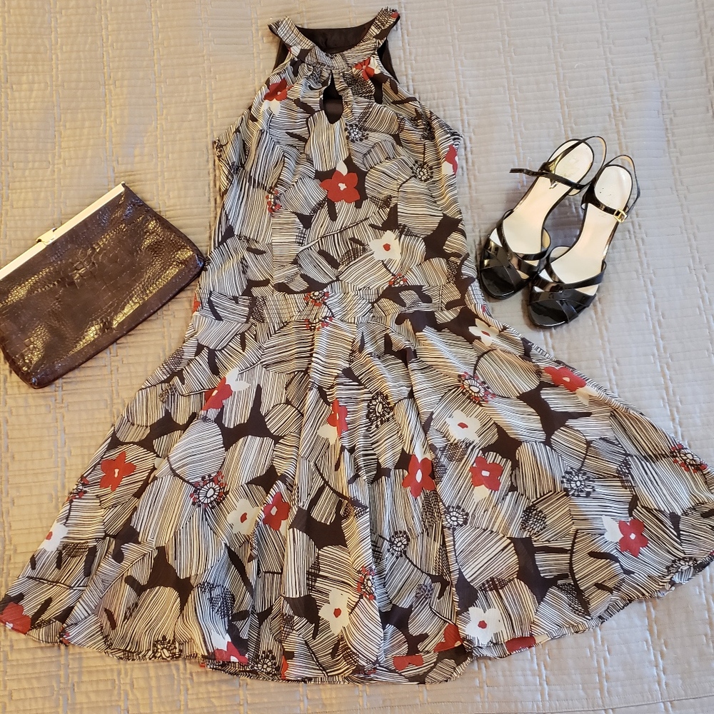 Brown and Red Floral Sleeveless Low Waist Dress